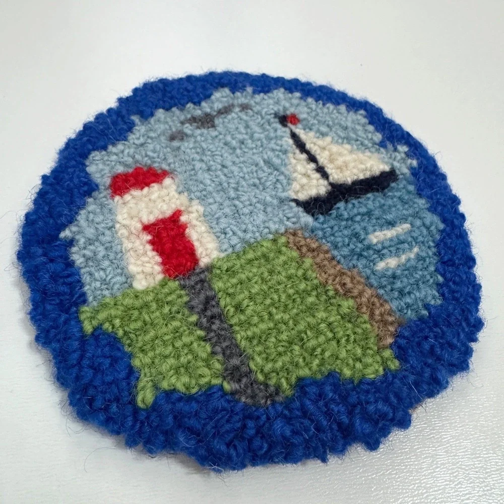 VTG Flora's Cheticamp N.S. Hand Hooked Wool Coasters Set 2 Lighthouse Sailboat‎
